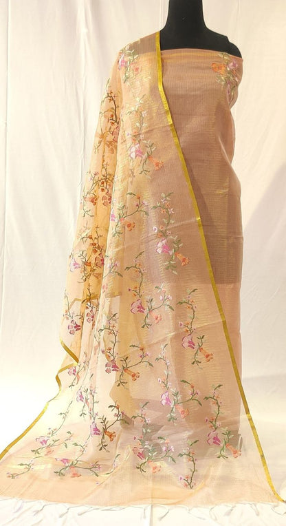 Peach Chanderi Kota Machine Work Suit 