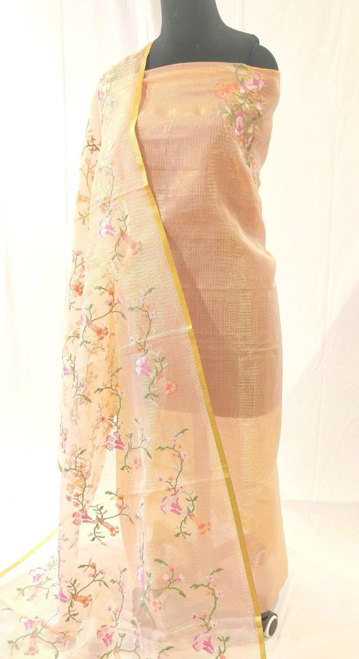 Peach Chanderi Kota Machine Work Suit 