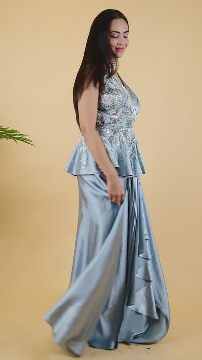 Sky Blue Hand Work Peplum Top With Draped Skirt