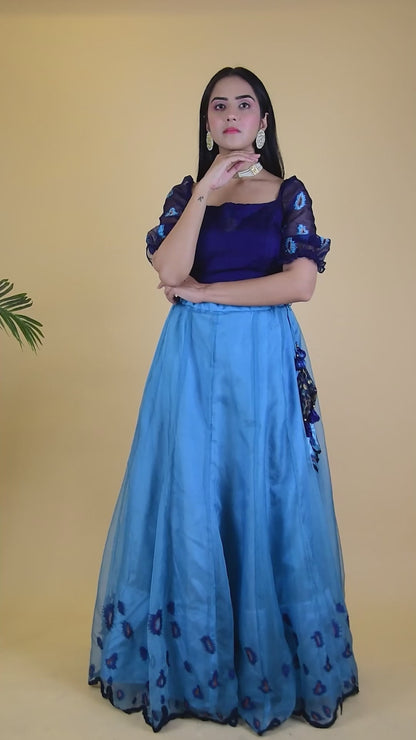 Blue Organza Lehenga With Crop Top