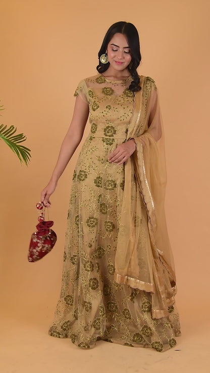 Embroidered Net Golden Gown