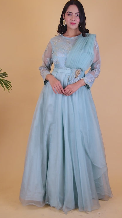 Sky Blue Organza Drapped Gown
