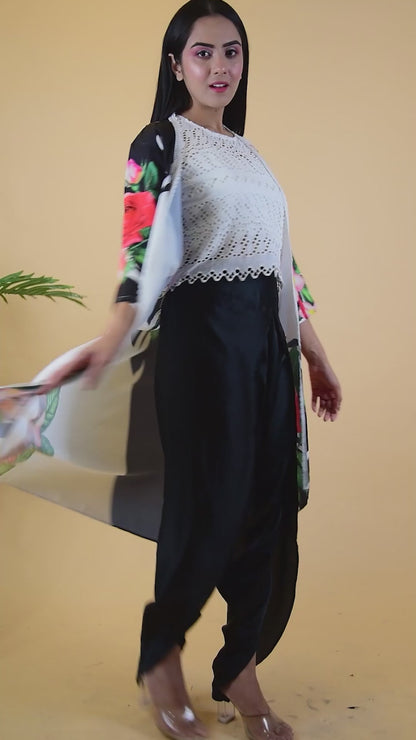 White Chikan Top, & Dhoti With Stylish Shrug