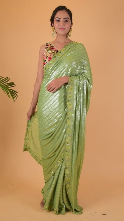 Green Sequins Saree