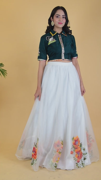 White Free Hand Painted Floral Border Lehenga