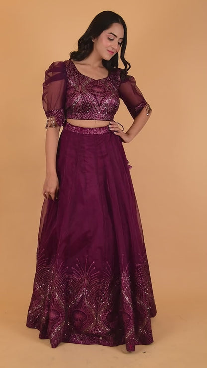 Wine Colour Glitter Work Lehenga With Crop Top