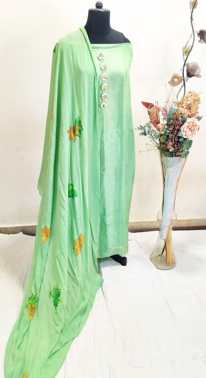 Unstitched Georgette Hand Embroidered 3 Piece Suit With Cut Work Organza DupattaUnstitched Opada Silk Suit With Hand Painted Dupatta