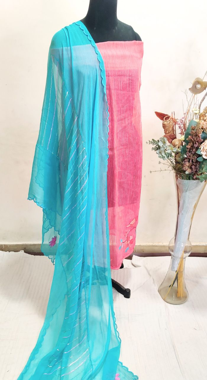 Unstitched Machine Embroidered Strip Organza Suit With Hand Embroidered Chiffon Dupatta