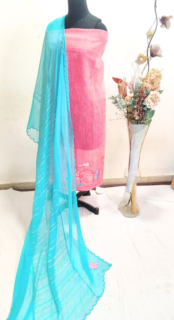 Unstitched Machine Embroidered Strip Organza Suit With Hand Embroidered Chiffon Dupatta