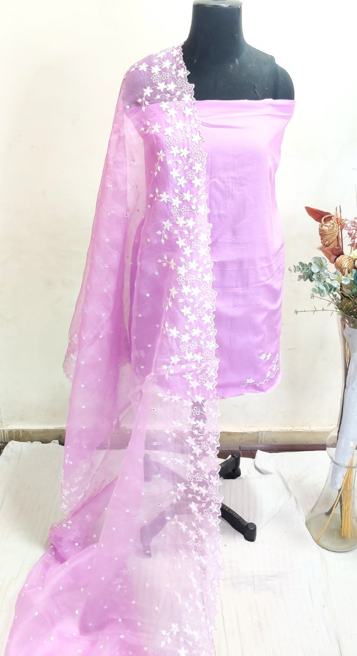 Unstitched Lavender Machine Work Glace Cotton 3 Piece Suit With Organza Dupatta