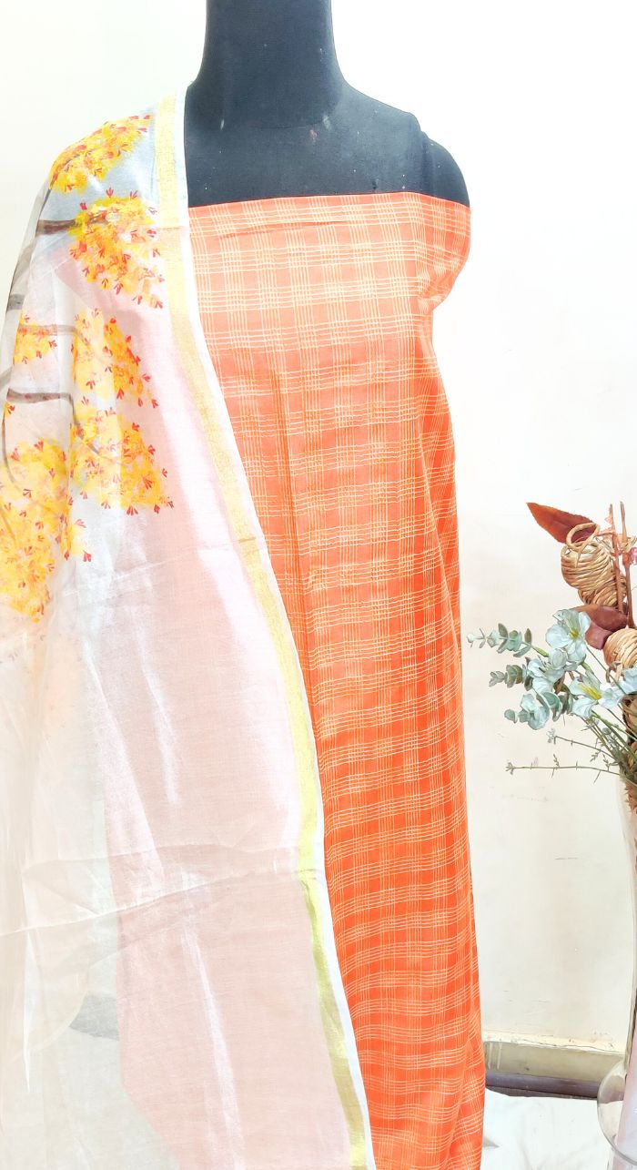 Unstitched Orange Cheque Printed Cotton Silk 2 Piece With Organza Free Hand Painted Dupatta