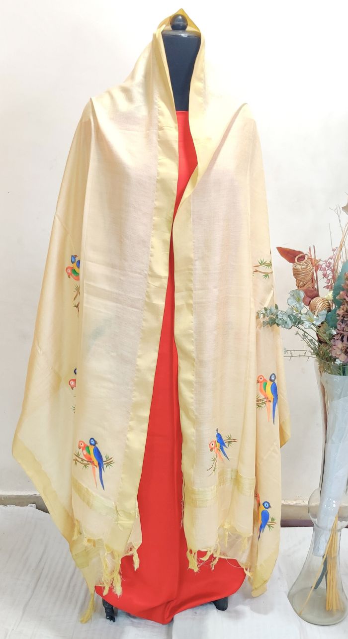 Unstitched Red Cotton Suit With Free Hand Painting Cotton Silk Dupatta