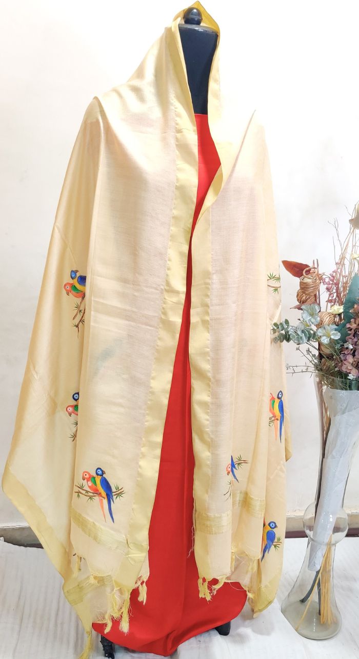 Unstitched Red Cotton Suit With Free Hand Painting Cotton Silk Dupatta