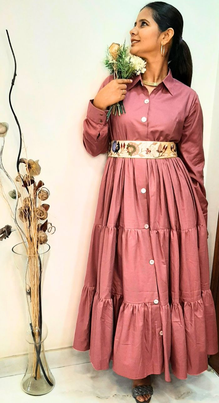 Glace Cotton Maxi Dress With Embroidered Belt