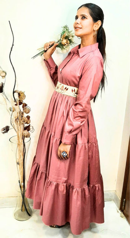 Glace Cotton Maxi Dress With Embroidered Belt