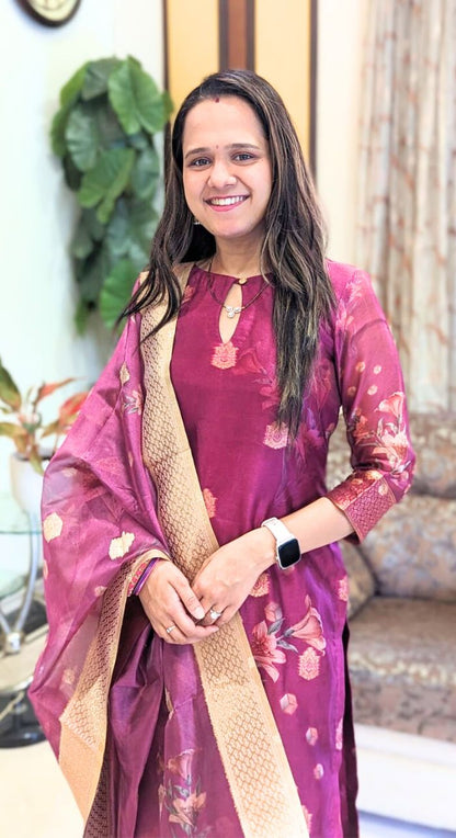 Wine banarasi silk suit with matching organza dupatta