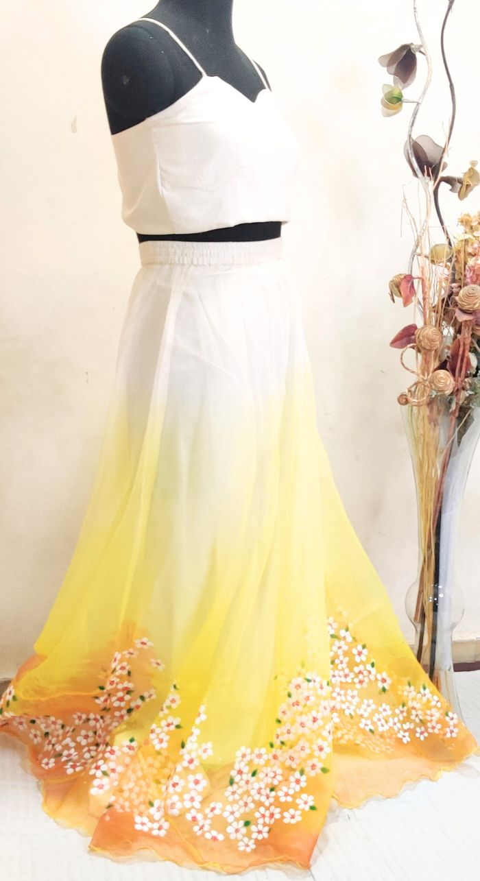 Yellow Color Flower Design Freehand Painted Organza Skirt