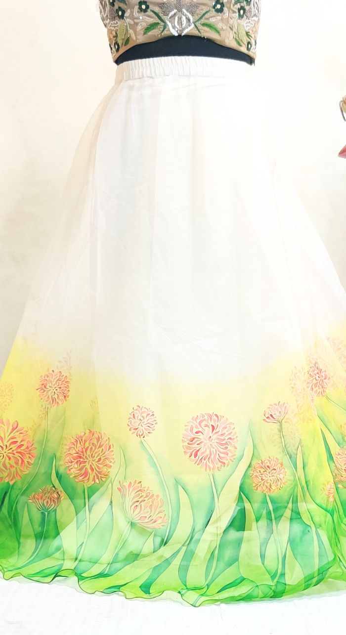 Yellow & Green Color Freehand Printed Organza Skirt