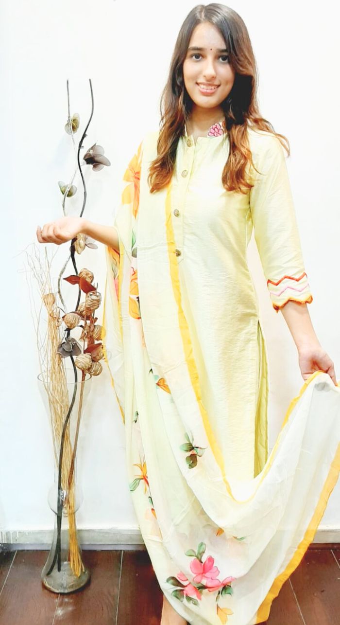 Yellow Dupion Silk Suit With Freehand Painted Dupatta